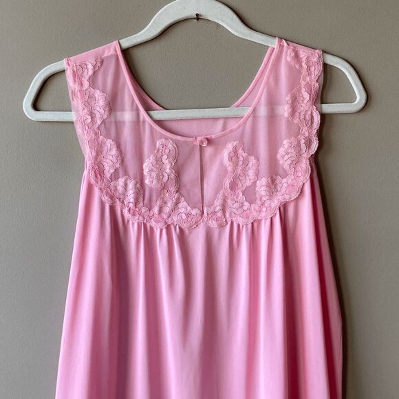 VTG 50s 60s Sheer Pink Chemise Nightgown Lace Trim Pinup Lingerie M - Picture 3 of 12